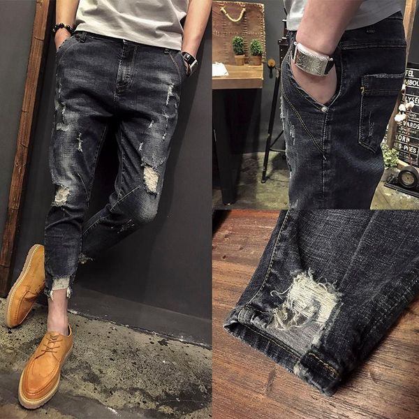 mens jeans spring autumn ripped holes elastic beggar harem cropped trousers korean style slim zipper denim pencil pants men's, Blue
mens jeans spring autumn ripped holes elastic beggar harem cropped trousers korean style slim zipper denim pencil pants men's, Blue