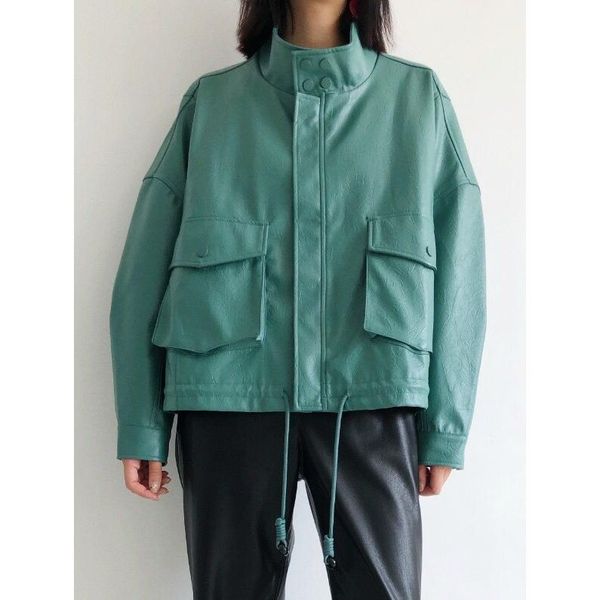 women's leather & faux fashionable short jacket temperament texture imitation clothes stand collar small coat, Black
women's leather & faux fashionable short jacket temperament texture imitation clothes stand collar small coat, Black