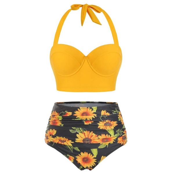 women sunflower print swimsuit high waist lace up bikini two piece swimwear summer beach halter set bra + short 2021 6.19 women's, White;black
women sunflower print swimsuit high waist lace up bikini two piece swimwear summer beach halter set bra + short 2021 6.19 women's, White;black
