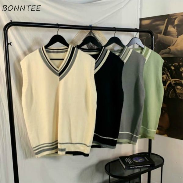 men's svels retail vt, veneer knitted sweater, loose, v-neck, combination all, korean street cloth, Black;white