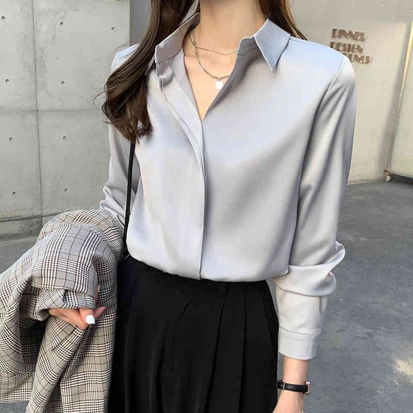 knits summer fashion button up satin silk shirt vintage blouse women work wear v-neck long sleeve female straight solid ol shirts, White
knits summer fashion button up satin silk shirt vintage blouse women work wear v-neck long sleeve female straight solid ol shirts, White