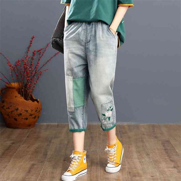 summer arts style women elastic waist loose jeans patchwork embroidery cotton denim casual calf-length harem pants s883 210512, Blue
summer arts style women elastic waist loose jeans patchwork embroidery cotton denim casual calf-length harem pants s883 210512, Blue