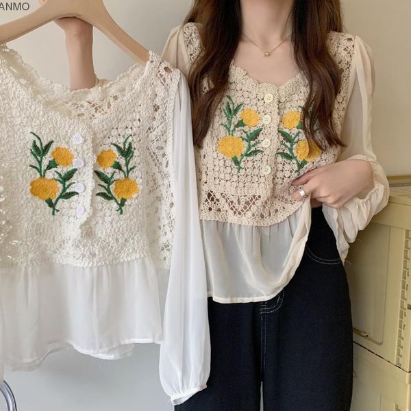 women's blouses & shirts french stitching lace long sleeve chiffon shirt for women in summer 2021, White
women's blouses & shirts french stitching lace long sleeve chiffon shirt for women in summer 2021, White