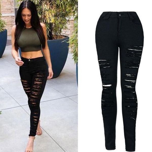 wholesale- european and american personality explosions street full strips torn slim stretch high waist denim large size pants, Blue
wholesale- european and american personality explosions street full strips torn slim stretch high waist denim large size pants, Blue