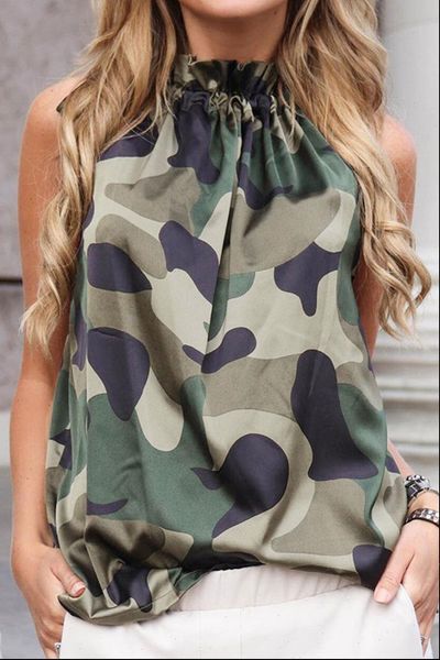 female halter woman blouse sleeveless camouflage shirt summer tee, White