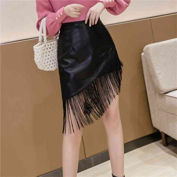 spring & autumn black tassel pu leather high waist slim versatile casual women a-line short skirt 210527
spring & autumn black tassel pu leather high waist slim versatile casual women a-line short skirt 210527
