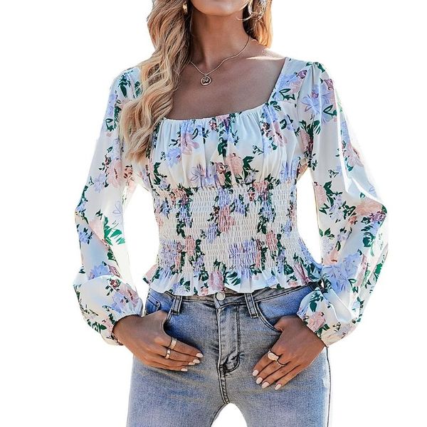 women square neck slim bubble long sleeve crops floral printing pullover e56f women's t-shirt, White
women square neck slim bubble long sleeve crops floral printing pullover e56f women's t-shirt, White