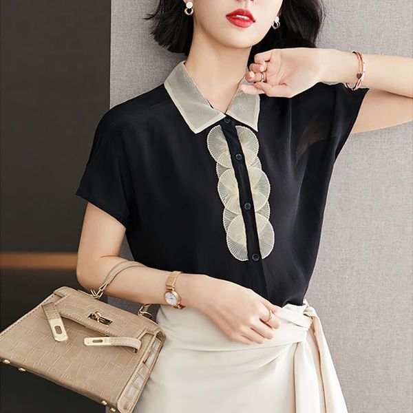 women's blouses & shirts retro mesh patchwork black women turn-down collar short sleeve summer blouse ladies office chic elegant, White
women's blouses & shirts retro mesh patchwork black women turn-down collar short sleeve summer blouse ladies office chic elegant, White