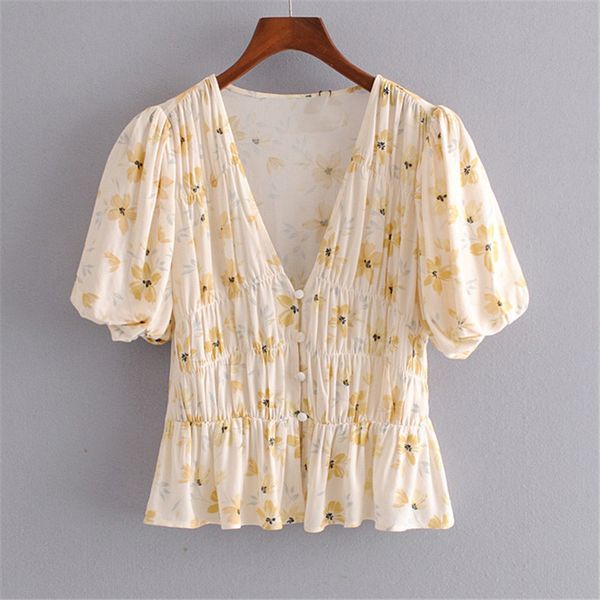 women floral print pleated buttons blouses vintage v neck puff sleeve female short shirts blusas chic 210430, White
women floral print pleated buttons blouses vintage v neck puff sleeve female short shirts blusas chic 210430, White