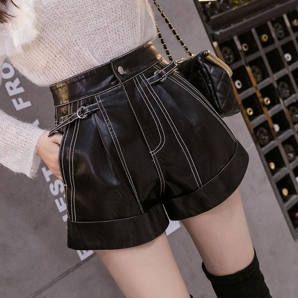 women's shorts black pu leather women wide leg faux waist for autumn loose, White;black
women's shorts black pu leather women wide leg faux waist for autumn loose, White;black