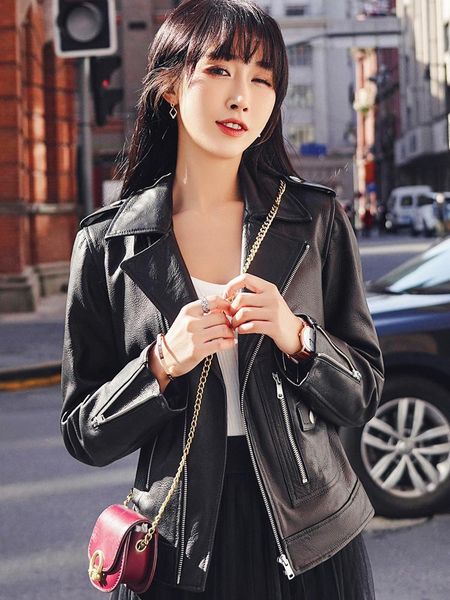 women's leather & faux 2021 jacket women short sheep motorcycle small coat, Black
women's leather & faux 2021 jacket women short sheep motorcycle small coat, Black