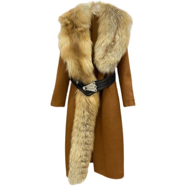 women's fur & faux women winter coat long woolen with whole skin red collar trim belt slim female luxury warm jacket fashion clothing, Black
women's fur & faux women winter coat long woolen with whole skin red collar trim belt slim female luxury warm jacket fashion clothing, Black