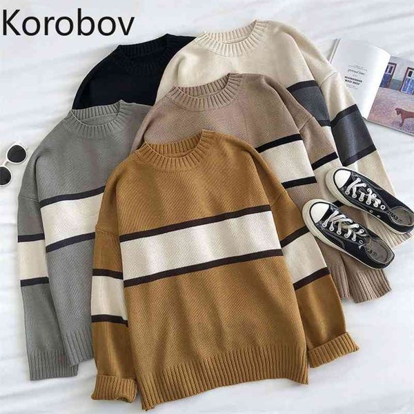 korobov autumn winter new korean sweaters hit color chic striped vintage sweater preppy style o neck long sleeve jumper 210430, White;black
korobov autumn winter new korean sweaters hit color chic striped vintage sweater preppy style o neck long sleeve jumper 210430, White;black