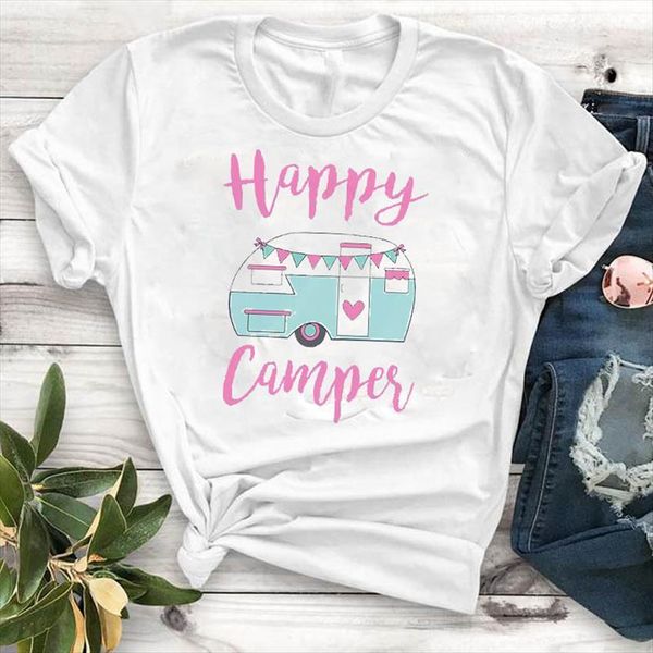 casual fashion happy camper women summer print camisa mujer graphic cute tees, White
casual fashion happy camper women summer print camisa mujer graphic cute tees, White