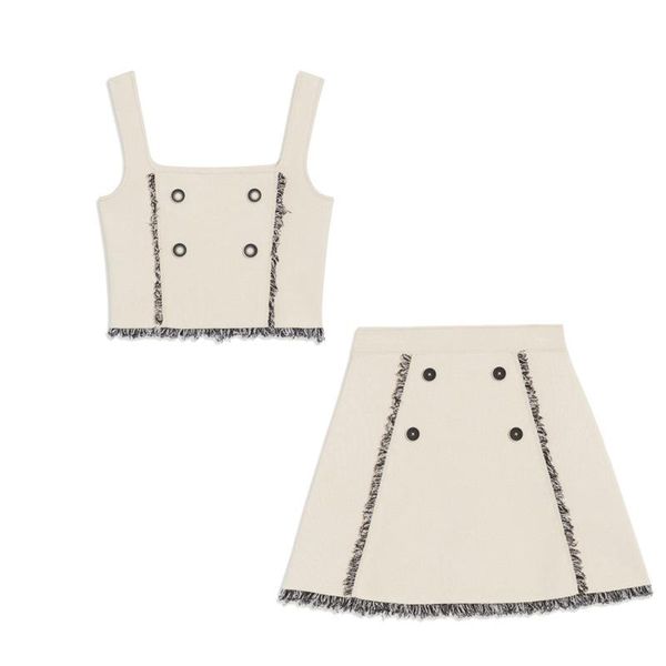 two piece dress french family s tassel button knitted suspender vest color contrast half skirt small fragrance suit, White
two piece dress french family s tassel button knitted suspender vest color contrast half skirt small fragrance suit, White
