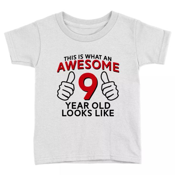awesome 9 year old kids t-shirt 9th birthday celebration gift cool top, White;black
awesome 9 year old kids t-shirt 9th birthday celebration gift cool top, White;black
