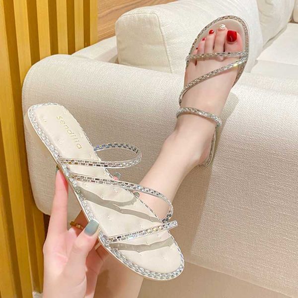 slippers sandals and women's summer 2021 rhinestone flip-flop fairy style flat beach semi-drag outer wear shoes, Black