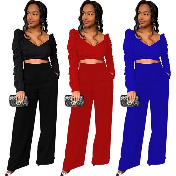 women's two piece pants outfits wholesale items pleated long sleeves v-neck loose crop elastic waist pocket wide leg casual clothing, White
women's two piece pants outfits wholesale items pleated long sleeves v-neck loose crop elastic waist pocket wide leg casual clothing, White