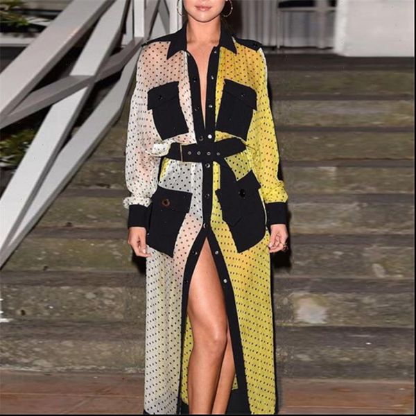 long shirt yellow white patchwork women dress polka dot with pockets waist belt chiffon autumn female robes tunics plus size, Black;gray
long shirt yellow white patchwork women dress polka dot with pockets waist belt chiffon autumn female robes tunics plus size, Black;gray