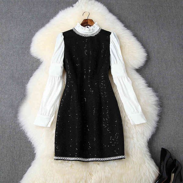 casual dresses autumn winter black long sleeve stand collar contrast color tweed beads sequins short mini dress & fashion n11t10437 2uou, Black;gray 
casual dresses autumn winter black long sleeve stand collar contrast color tweed beads sequins short mini dress & fashion n11t10437 2uou, Black;gray
