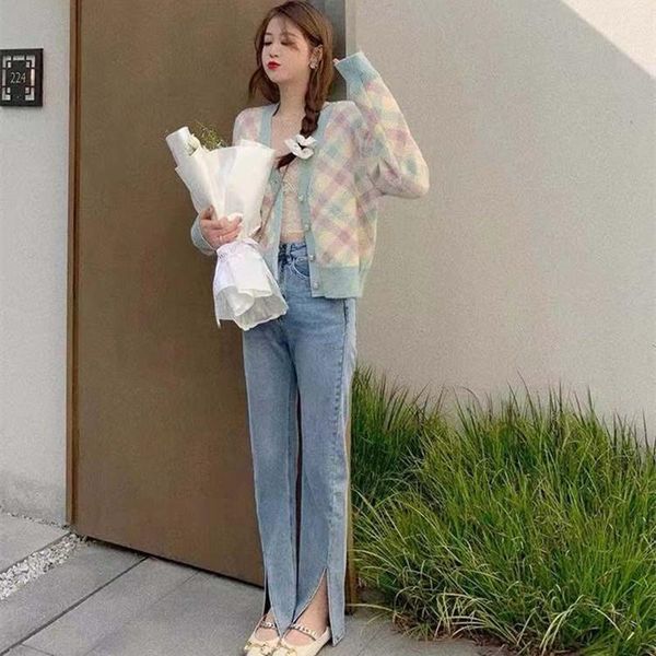 women's knits & tees short knit cardigan color matching rhombic 2021 fall small fresh v-neck sweater coat fashion en*, White
women's knits & tees short knit cardigan color matching rhombic 2021 fall small fresh v-neck sweater coat fashion en*, White