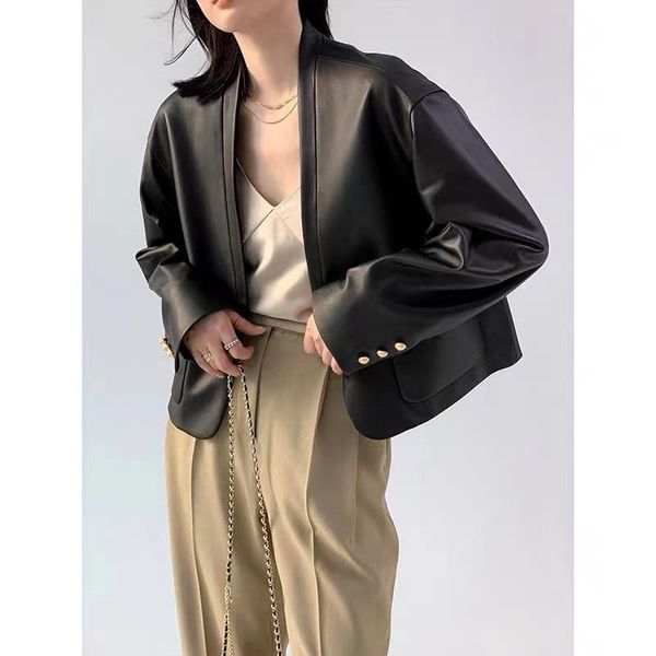 women's leather & faux spring natural sheepskin genuine jacket women brand slim female real lambskin outerwear ladies clothing y828, Black
women's leather & faux spring natural sheepskin genuine jacket women brand slim female real lambskin outerwear ladies clothing y828, Black