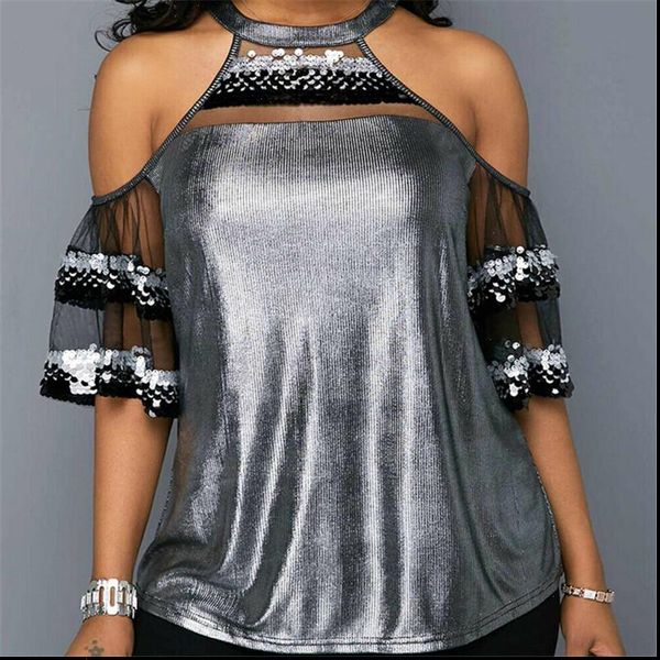 summer cool halter neck cold womens blouses shoulder short sleeve casual bling sequins silver mesh patchwork shirts, White
summer cool halter neck cold womens blouses shoulder short sleeve casual bling sequins silver mesh patchwork shirts, White