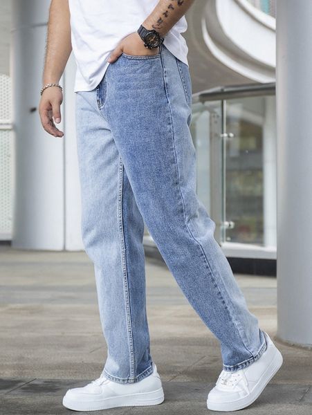 men slant pocket straight leg jeans q25m#, Blue