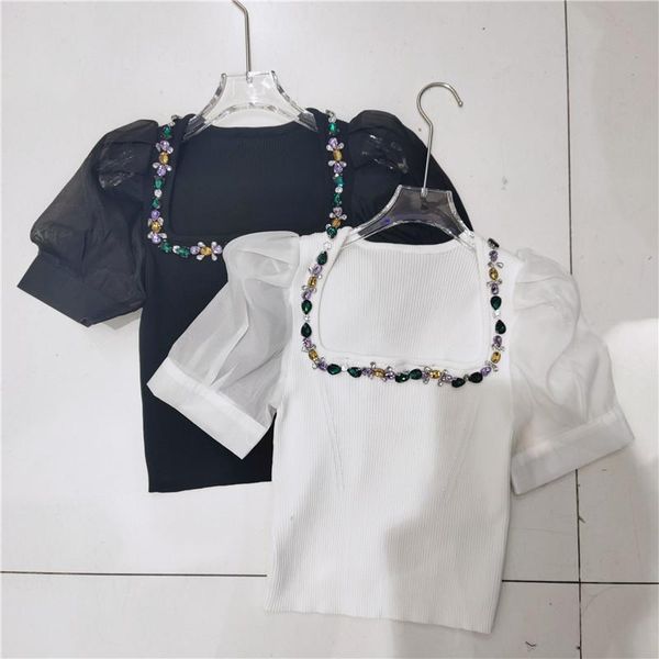 women's t-shirt summer neckline diamond grenadine puff sleeve splicing knitwear slim fit short elastic square neck top, White
women's t-shirt summer neckline diamond grenadine puff sleeve splicing knitwear slim fit short elastic square neck top, White