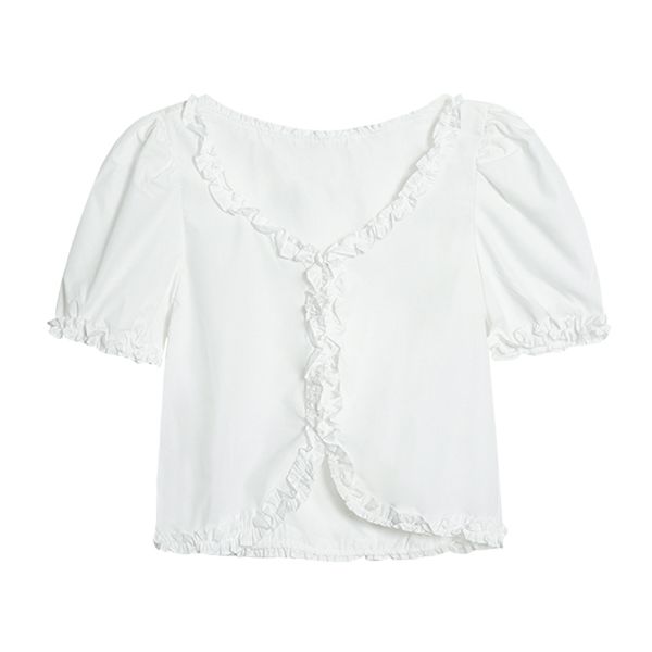 women puff sleeve short shirt blouse summer white solid ruffle cropped v neck b0630 210514
women puff sleeve short shirt blouse summer white solid ruffle cropped v neck b0630 210514