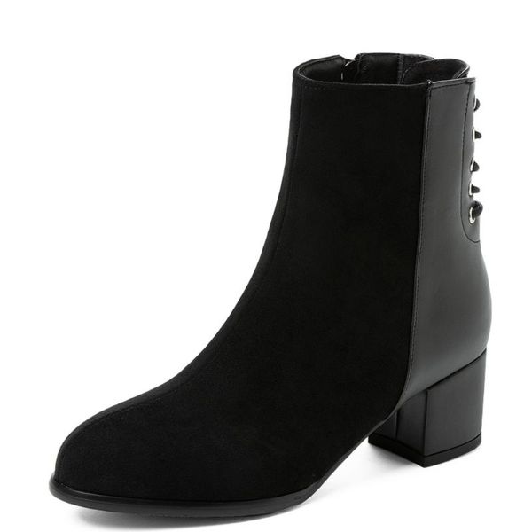 boots sheep suede stitching microfiber leather cross strap ankle lace-up side zipper frosted flock thick heel short, Black
boots sheep suede stitching microfiber leather cross strap ankle lace-up side zipper frosted flock thick heel short, Black