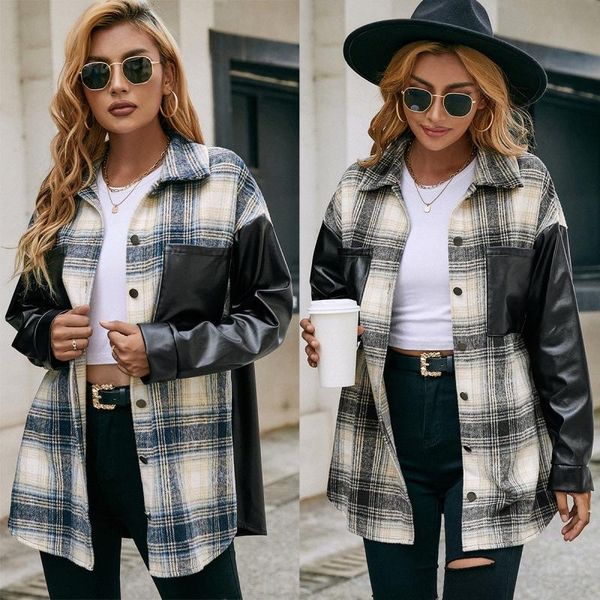 women's jackets plaid pu stitching women coat casual double pocket shirt loose color matching jacket 2021 autumn, Black;brown
women's jackets plaid pu stitching women coat casual double pocket shirt loose color matching jacket 2021 autumn, Black;brown