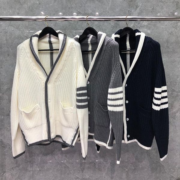 men's sweaters 2021 fashion brand men slim turn down collar cardigans clothing striped coarse wool thick winter casual coat, White;black
men's sweaters 2021 fashion brand men slim turn down collar cardigans clothing striped coarse wool thick winter casual coat, White;black