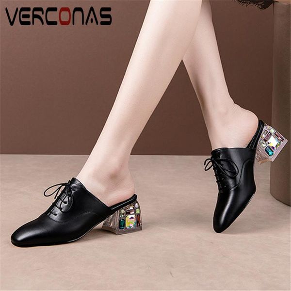 mules summer woman pumps sandals genuine leather cross-tied rhinrstone square toe high heels shoes, Black
mules summer woman pumps sandals genuine leather cross-tied rhinrstone square toe high heels shoes, Black