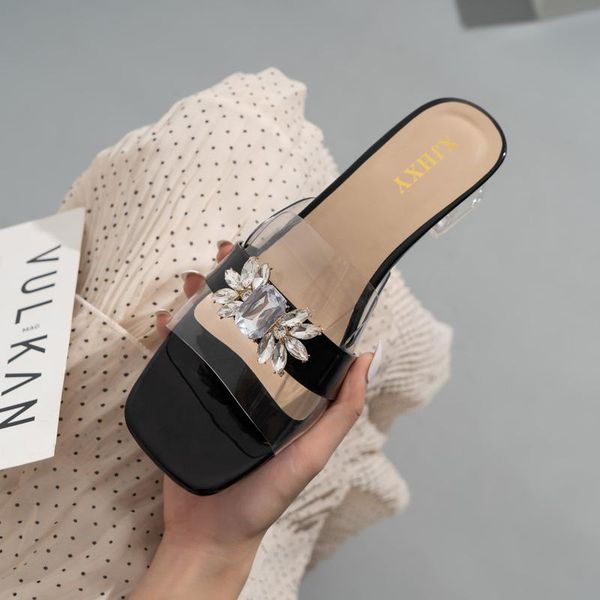slippers 2021 women high heel transparent rhinestone summer thick sandals women's square head glass shoes, Black
slippers 2021 women high heel transparent rhinestone summer thick sandals women's square head glass shoes, Black