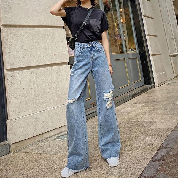 spring hole ripped high womens jean elastic light washed vintage straight wide leg trousers femme denim, Blue
spring hole ripped high womens jean elastic light washed vintage straight wide leg trousers femme denim, Blue