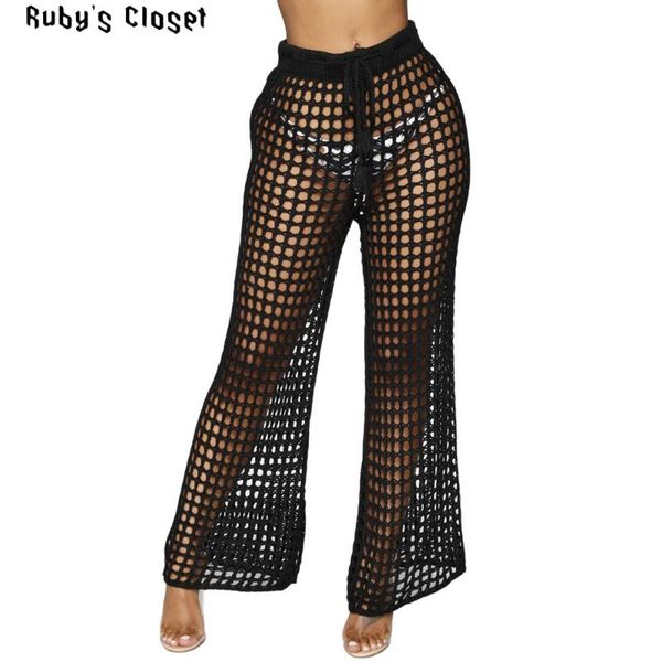 women's pants & capris ruby's closet women mesh high waist drawstring hollow out fashionable long wide leg knitted beach zsc-z021, Black;white