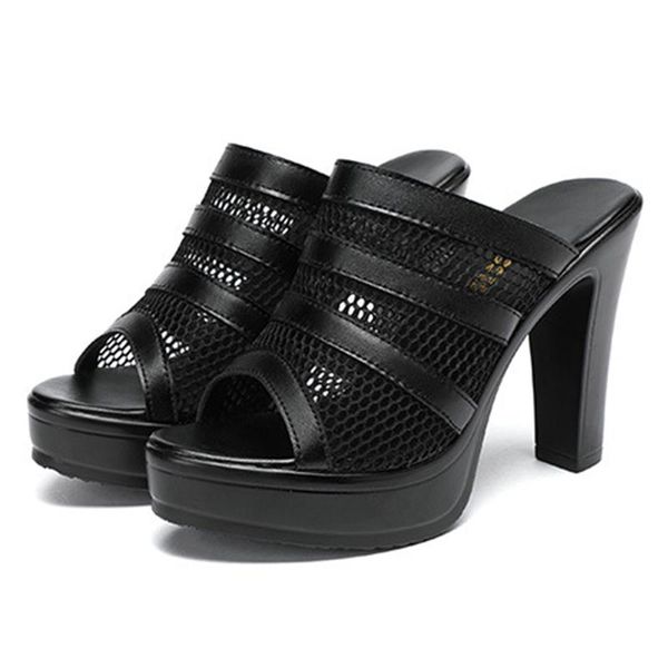 summer shoes peep toe high heels platform women slippers mesh split leather outside block, Black
summer shoes peep toe high heels platform women slippers mesh split leather outside block, Black
