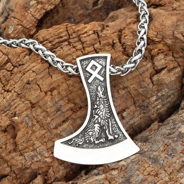 pendant necklaces men viking amulet axe rune wolf raven necklace, Silver