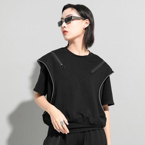women's t-shirt spring summer zipper decoration off-shoulder fake two-piece loose blouse short-sleeved wome o-neck women black dress, White
women's t-shirt spring summer zipper decoration off-shoulder fake two-piece loose blouse short-sleeved wome o-neck women black dress, White