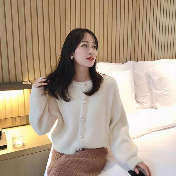 women's knits & tees pearl buckle imitation mink short coat 2021 spring and autumn small fragrance knit cardigan en*, White
women's knits & tees pearl buckle imitation mink short coat 2021 spring and autumn small fragrance knit cardigan en*, White