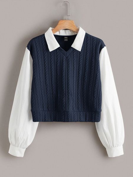 contrast collar cable knit 2 in 1 blouse x6zm#, White
contrast collar cable knit 2 in 1 blouse x6zm#, White