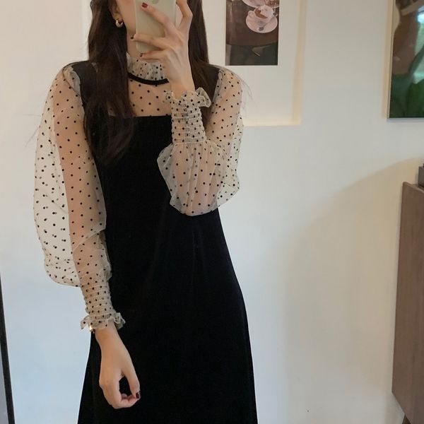 dresses retro elegant women es chic mesh dot veet patchwork long sleeve autumn ankle-length vestidos, Black;gray
dresses retro elegant women es chic mesh dot veet patchwork long sleeve autumn ankle-length vestidos, Black;gray