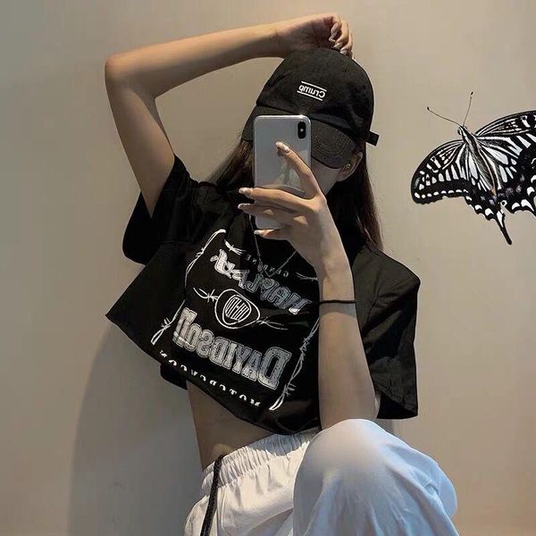 women's t-shirt cotton style hong kong short summer korean print loose open navel sleeve fashion, White
women's t-shirt cotton style hong kong short summer korean print loose open navel sleeve fashion, White