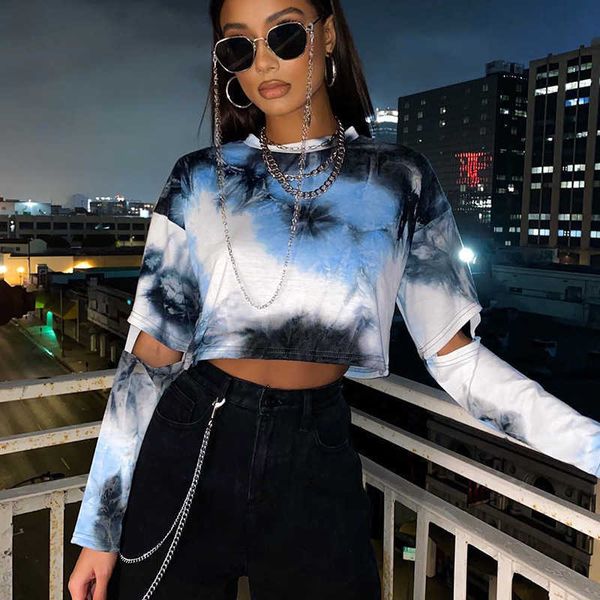 2020 autumn new women's wear broken tie dye printing fashion street long sleeve open navel loose t-shirt, White
2020 autumn new women's wear broken tie dye printing fashion street long sleeve open navel loose t-shirt, White