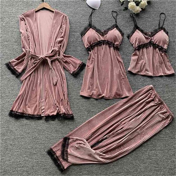 winter home 4pcs pajamas set women velvet long sleeve warm nightwear robe nightdress clothing lingerie with chest pads 210330, Black;red
winter home 4pcs pajamas set women velvet long sleeve warm nightwear robe nightdress clothing lingerie with chest pads 210330, Black;red