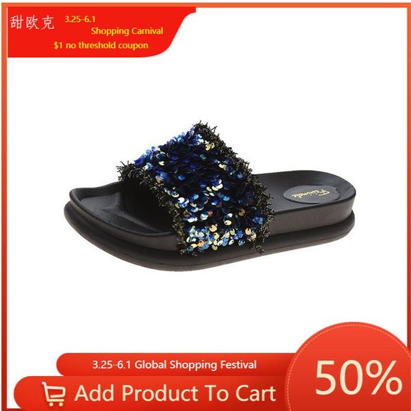 sandals women summer wear fashion 2021 thick bottom muffin leisure sequin comfortable slippers, Black