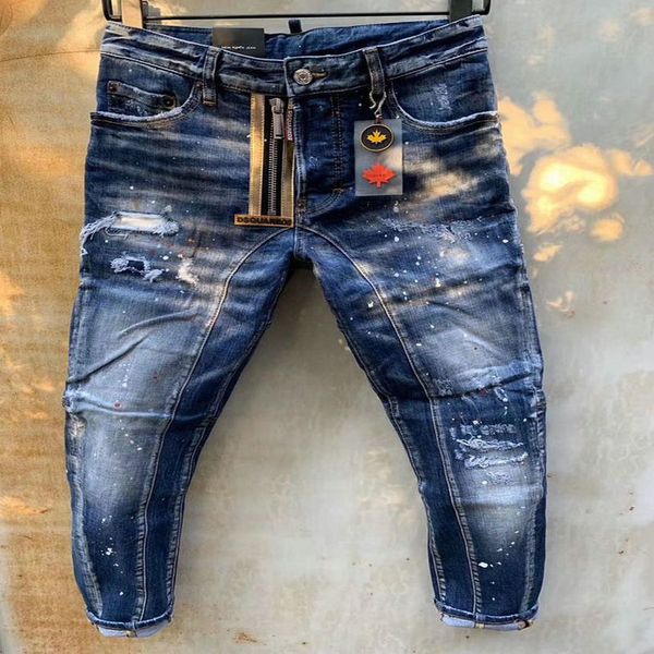 men's and women's fashion tight jeans, perforated patch, broken ink seams, t82, novelty, Blue
men's and women's fashion tight jeans, perforated patch, broken ink seams, t82, novelty, Blue