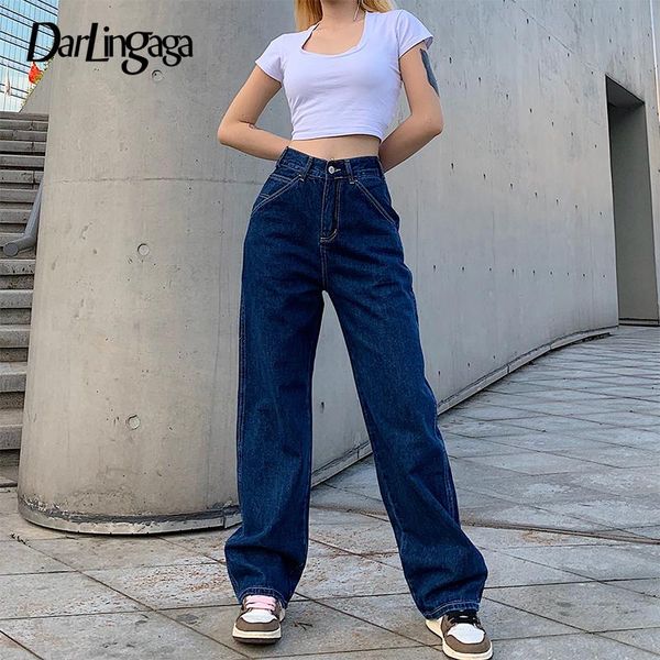 women's pants & capris darlingaga streetwear straight high waist denim solid pockets fashion jeans casual wide leg women mujer pantalon, Black;white