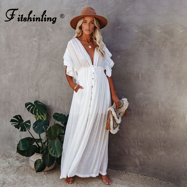 fitshinling bohemian deep v neck white long dress backless ruffles button up pareos beach cover up holiday slim maxi robe, White;black
fitshinling bohemian deep v neck white long dress backless ruffles button up pareos beach cover up holiday slim maxi robe, White;black